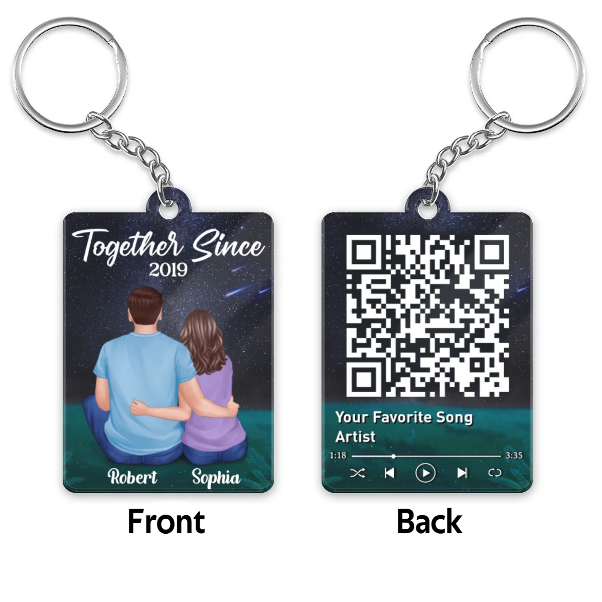 Couple Sitting Back View Under Night Sky Favorite Song QR Code Personalized Acrylic Keychain - Image 4