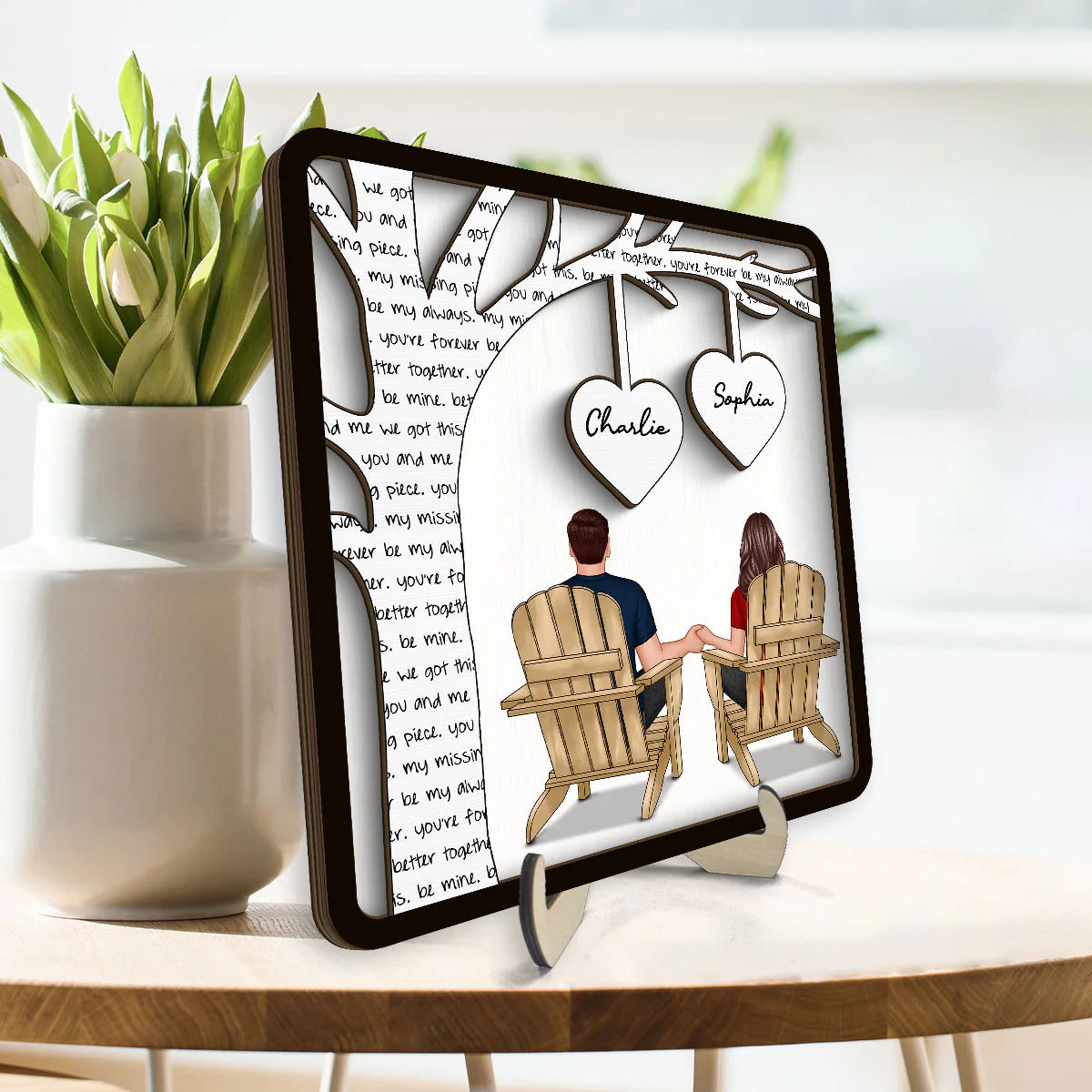 Couple Sitting Back View Under Text Tree Personalized 2-layer Wooden Plaque, Gift For Him, For Her - Image 2