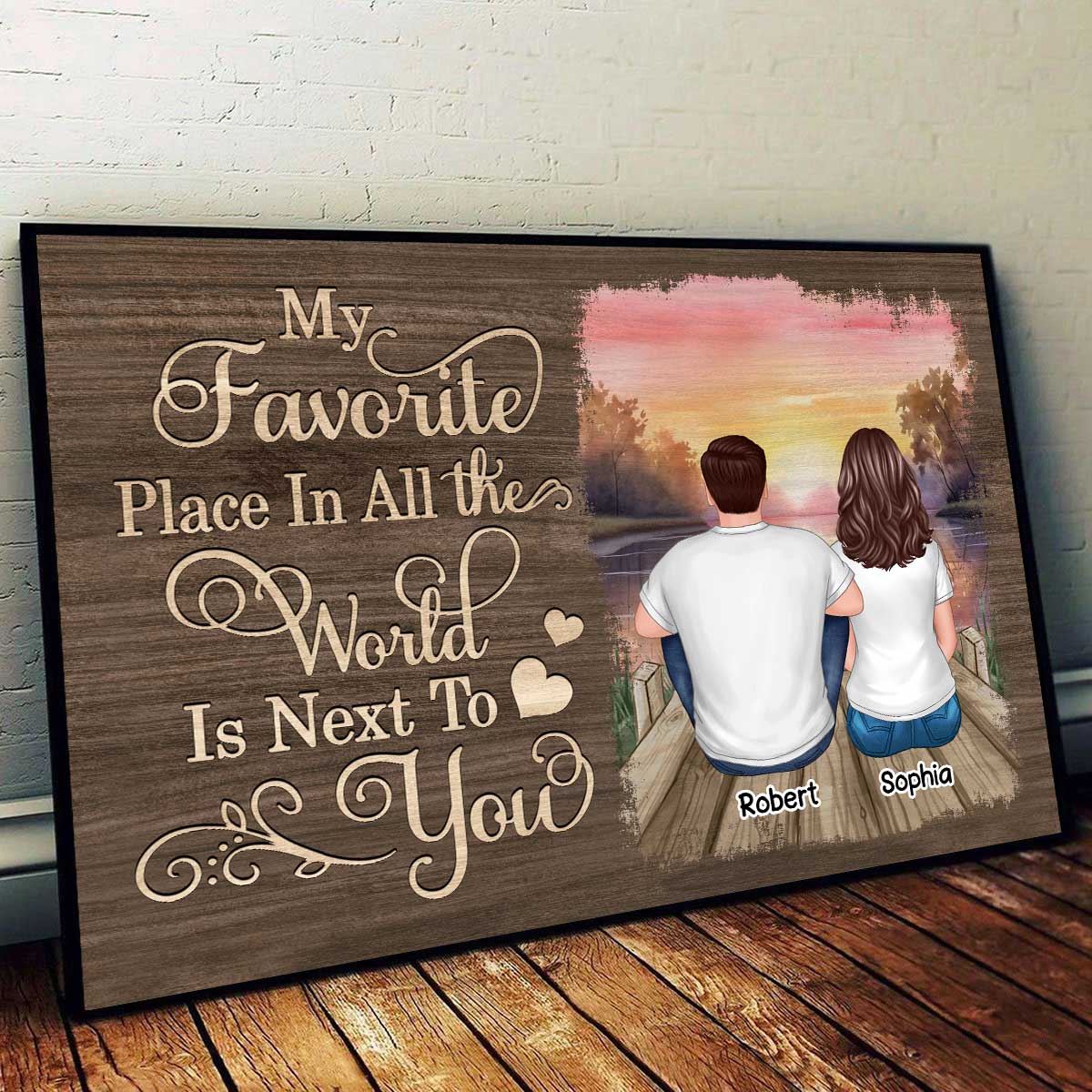Couple Sitting Back View Wooden Sunset Lake Personalized Horizontal Poster - Image 3