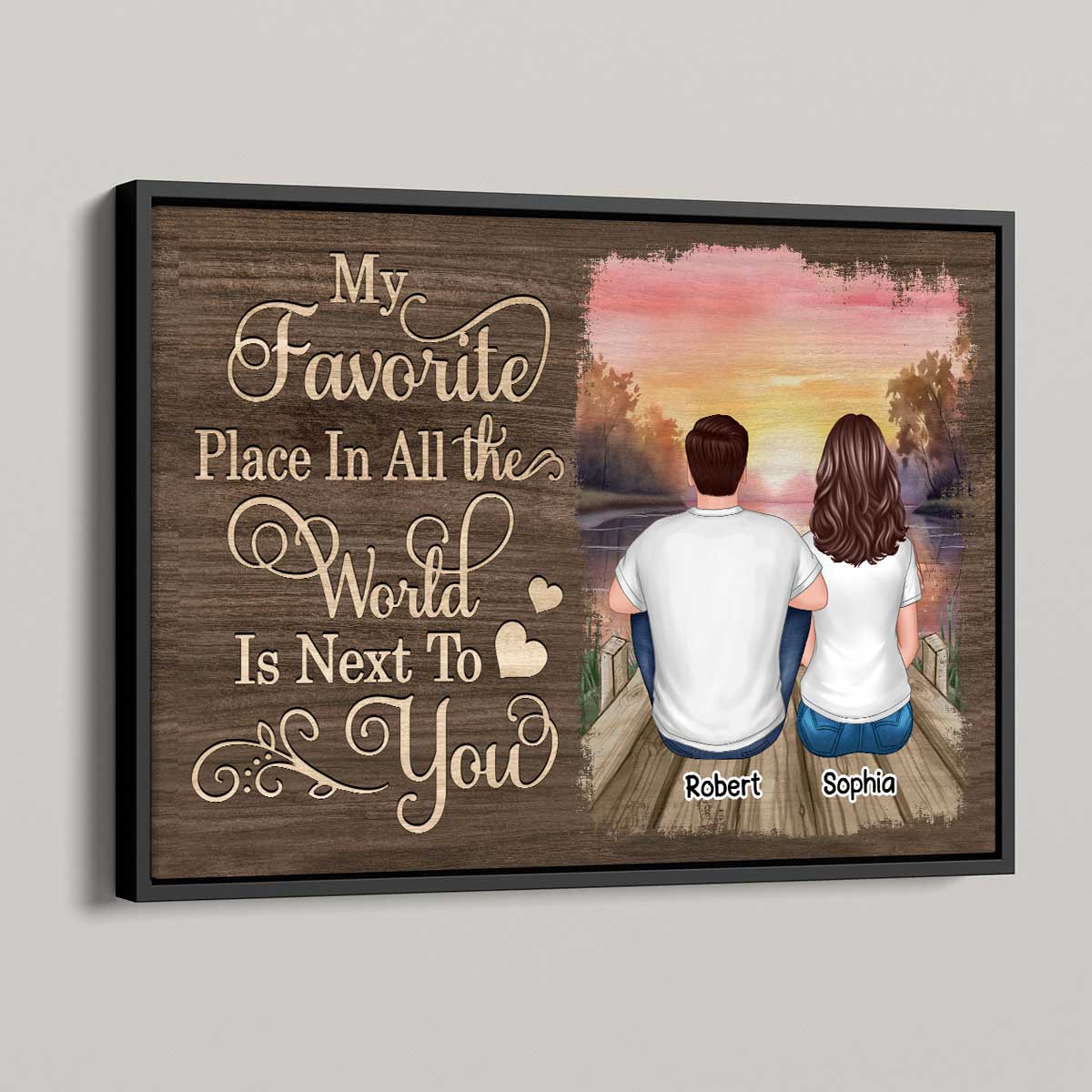 Couple Sitting Back View Wooden Sunset Lake Personalized Horizontal Poster - Image 4