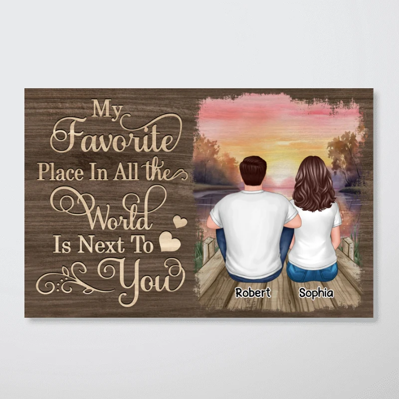 Couple Sitting Back View Wooden Sunset Lake Personalized Horizontal Poster - Image 5