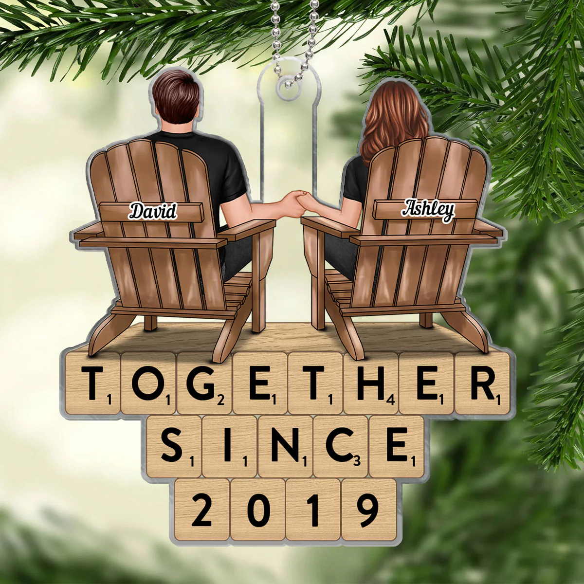 Couple Sitting Back View Words Puzzle Personalized Acrylic Ornament, Christmas Gift for Him for Her