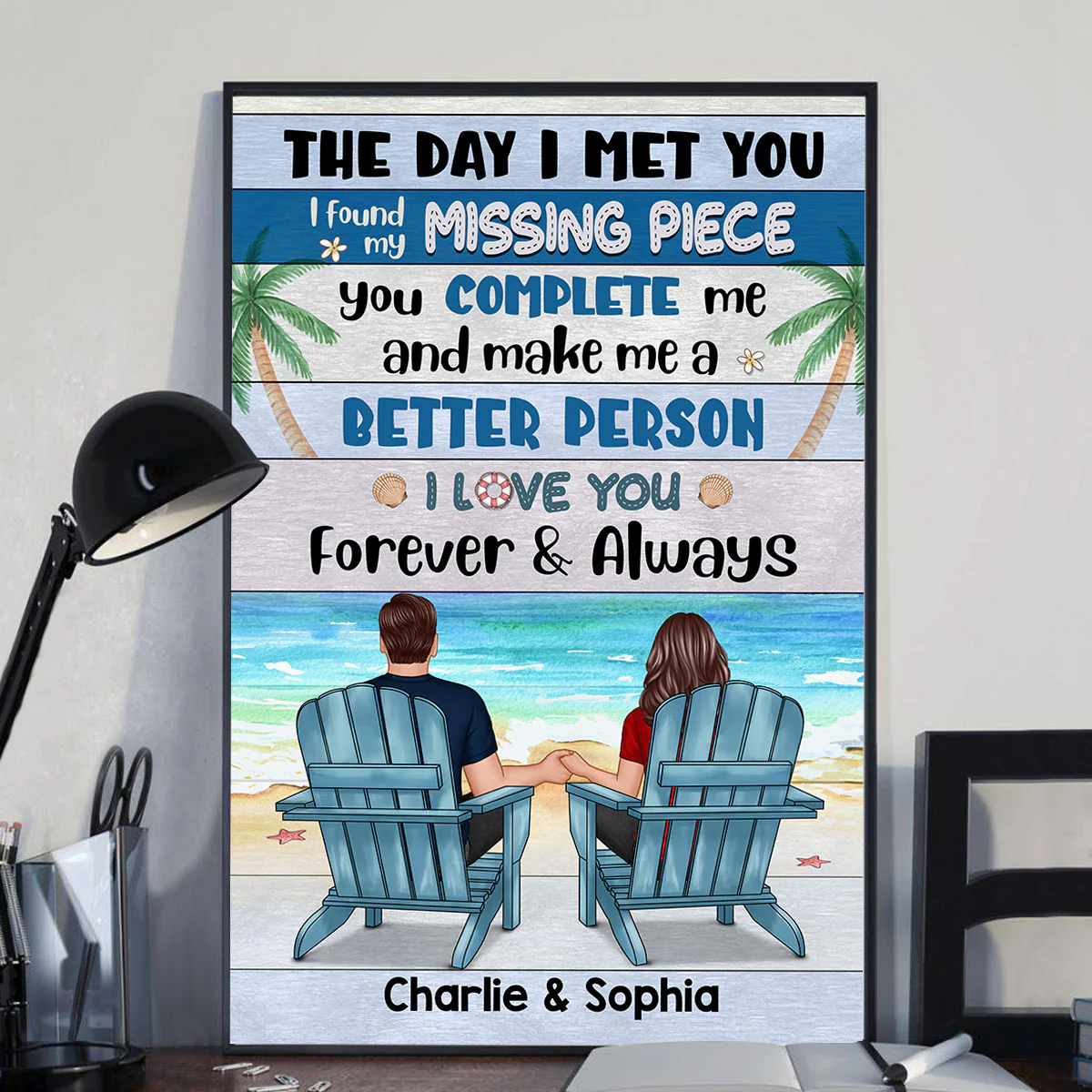 Couple Sitting Blue Pallete Beach Personalized Vertical Poster - Image 2