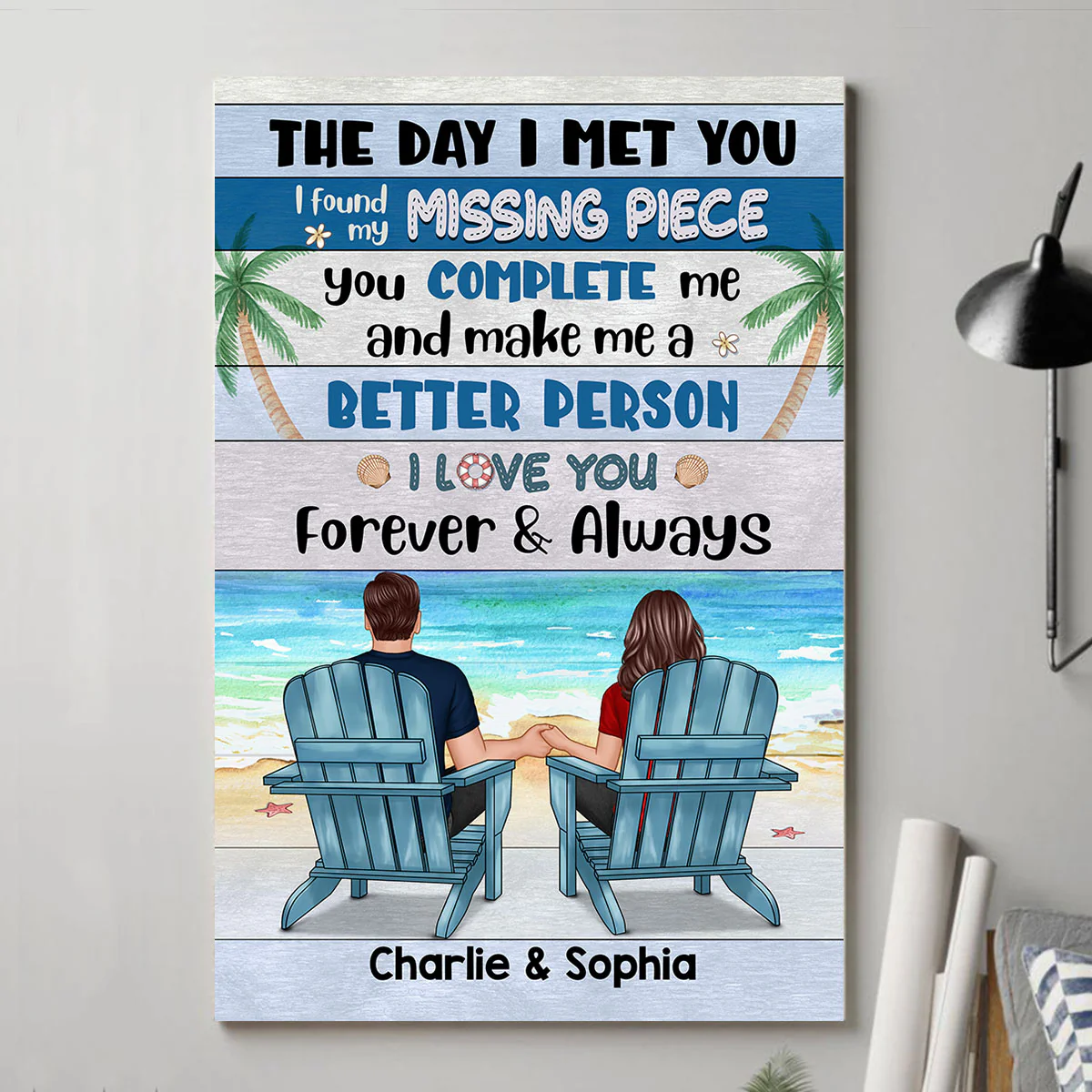 Couple Sitting Blue Pallete Beach Personalized Vertical Poster - Image 3