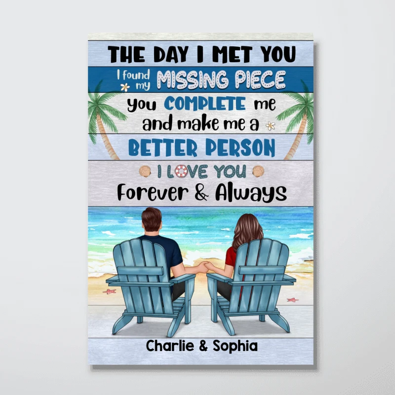 Couple Sitting Blue Pallete Beach Personalized Vertical Poster - Image 4