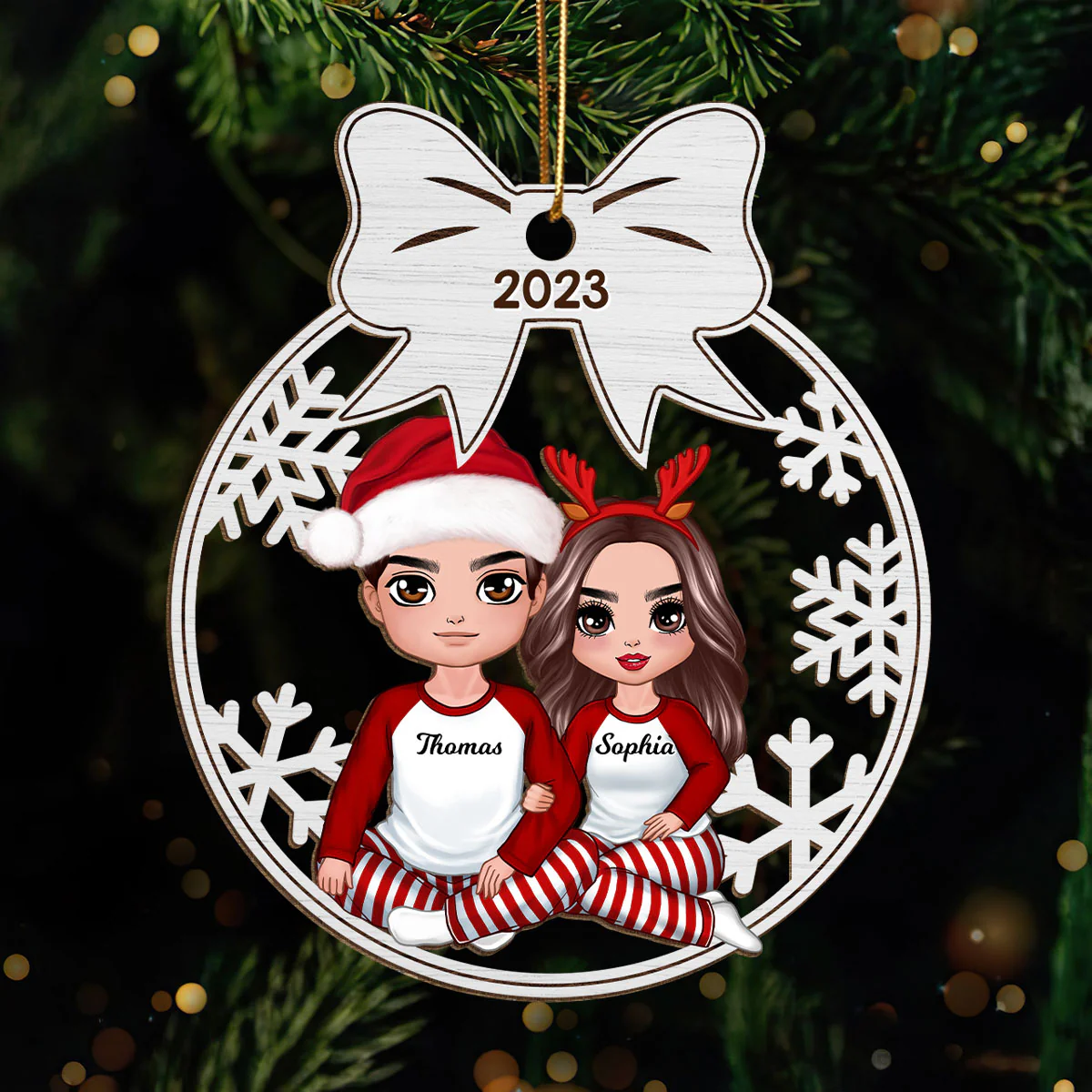 Couple Sitting Bow Tied Christmas Personalized Wooden Ornament - Image 2