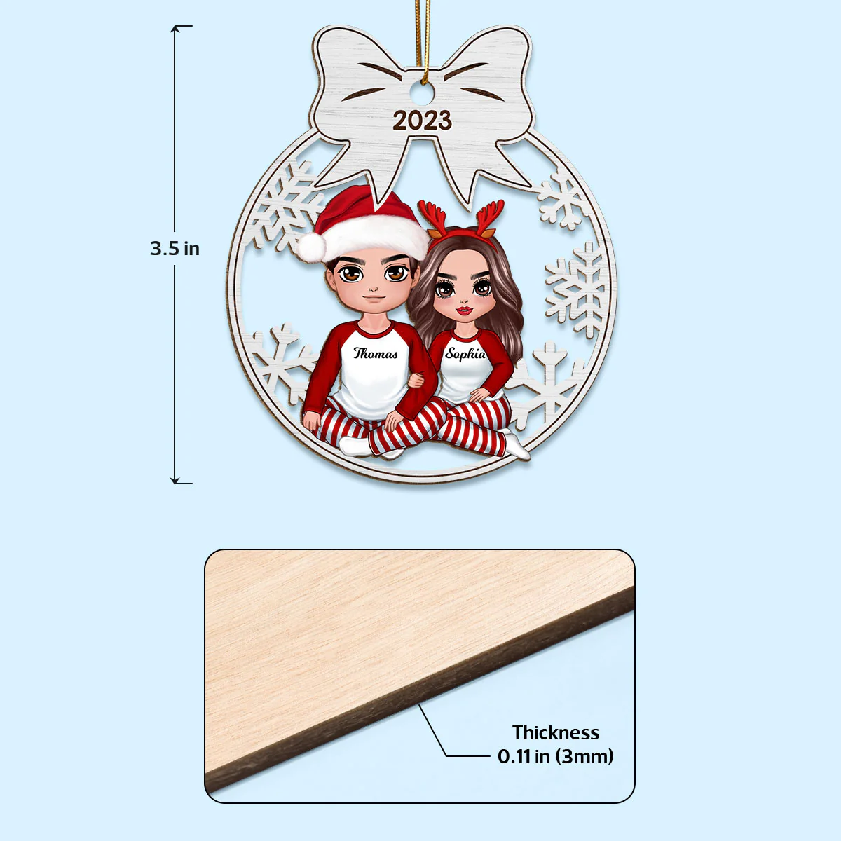 Couple Sitting Bow Tied Christmas Personalized Wooden Ornament - Image 4