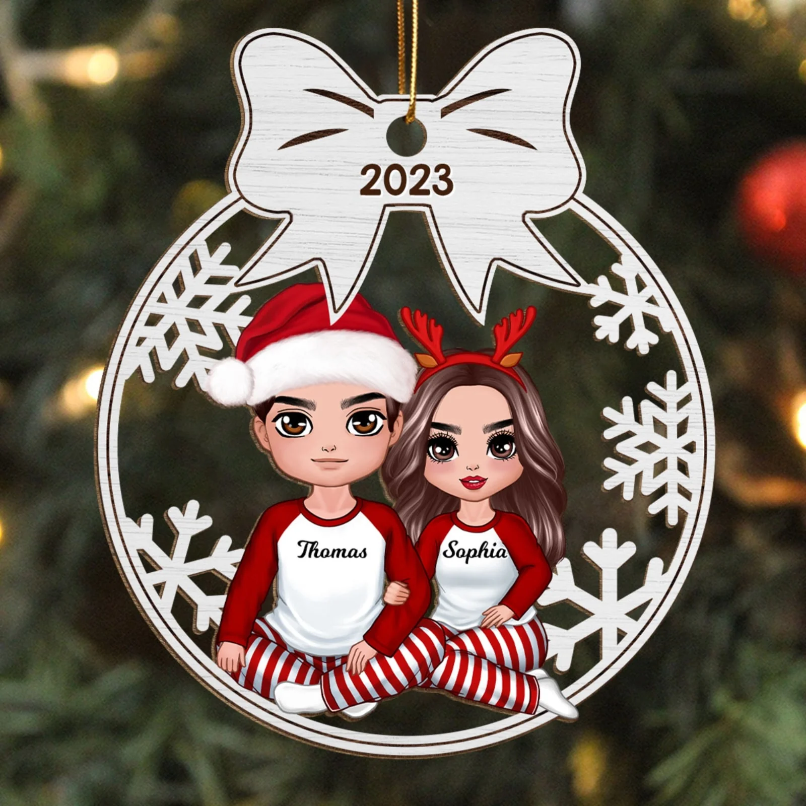 Couple Sitting Bow Tied Christmas Personalized Wooden Ornament - Image 5