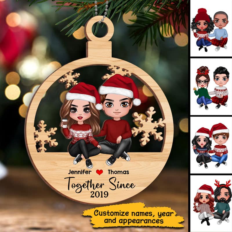 Couple Sitting Christmas Bauble Personalized Wooden Ornament - Image 3