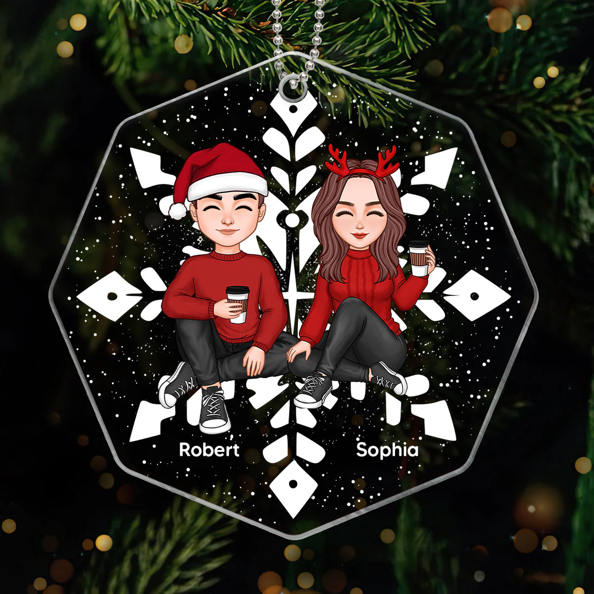 Couple Sitting Christmas Snowflake Shaped Personalized Acrylic Ornament