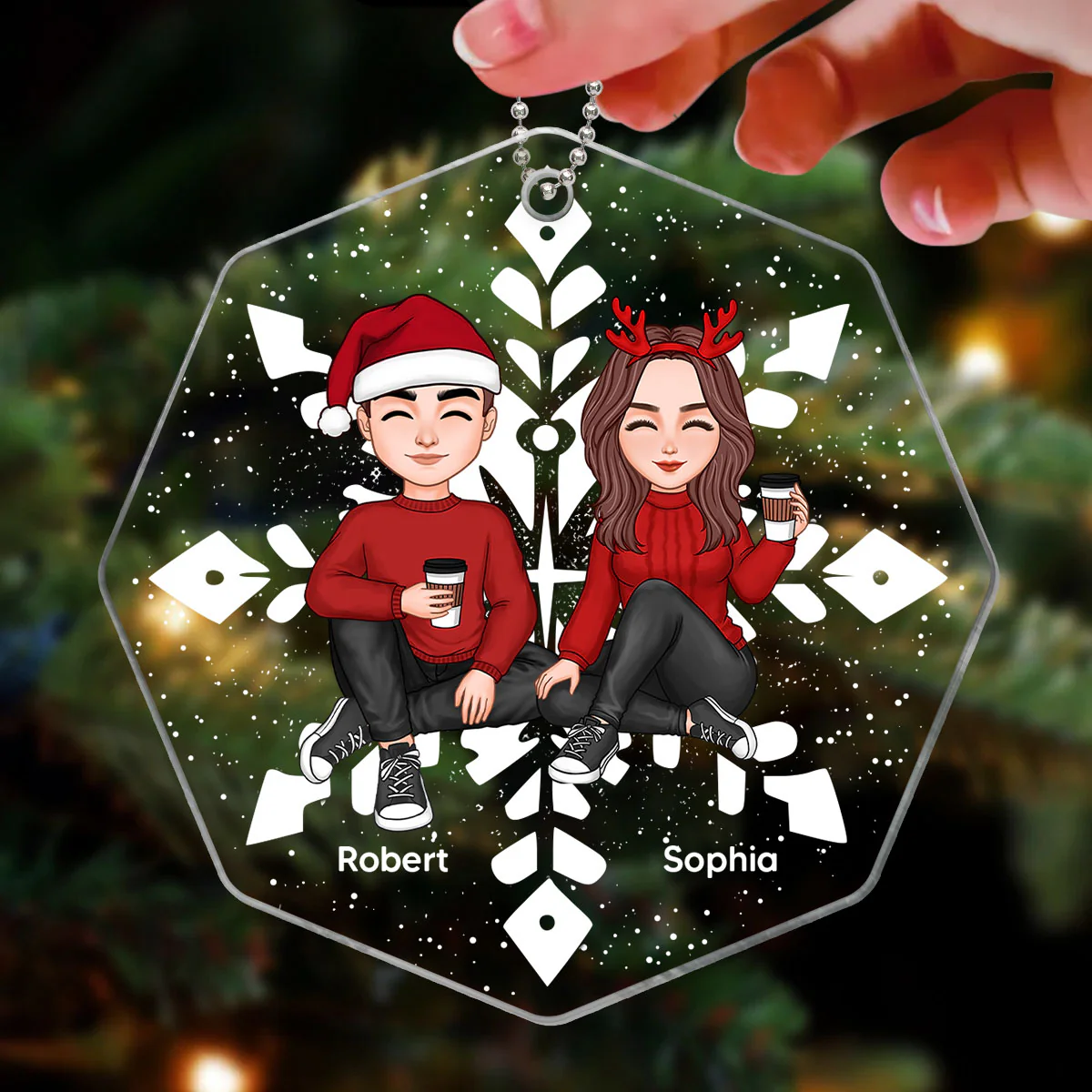 Couple Sitting Christmas Snowflake Shaped Personalized Acrylic Ornament - Image 3