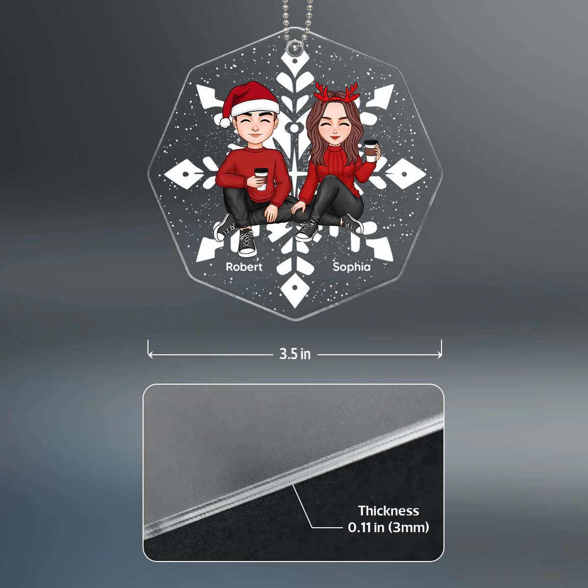 Couple Sitting Christmas Snowflake Shaped Personalized Acrylic Ornament - Image 4