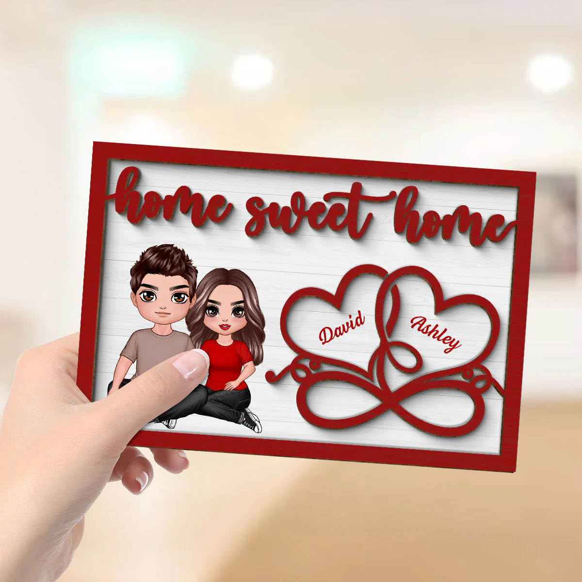 Couple Sitting Embracing Home Sweet Home Valentine‘s Day Gift For Him For Her Personalized 2-Layer Wooden Plaque - Image 4