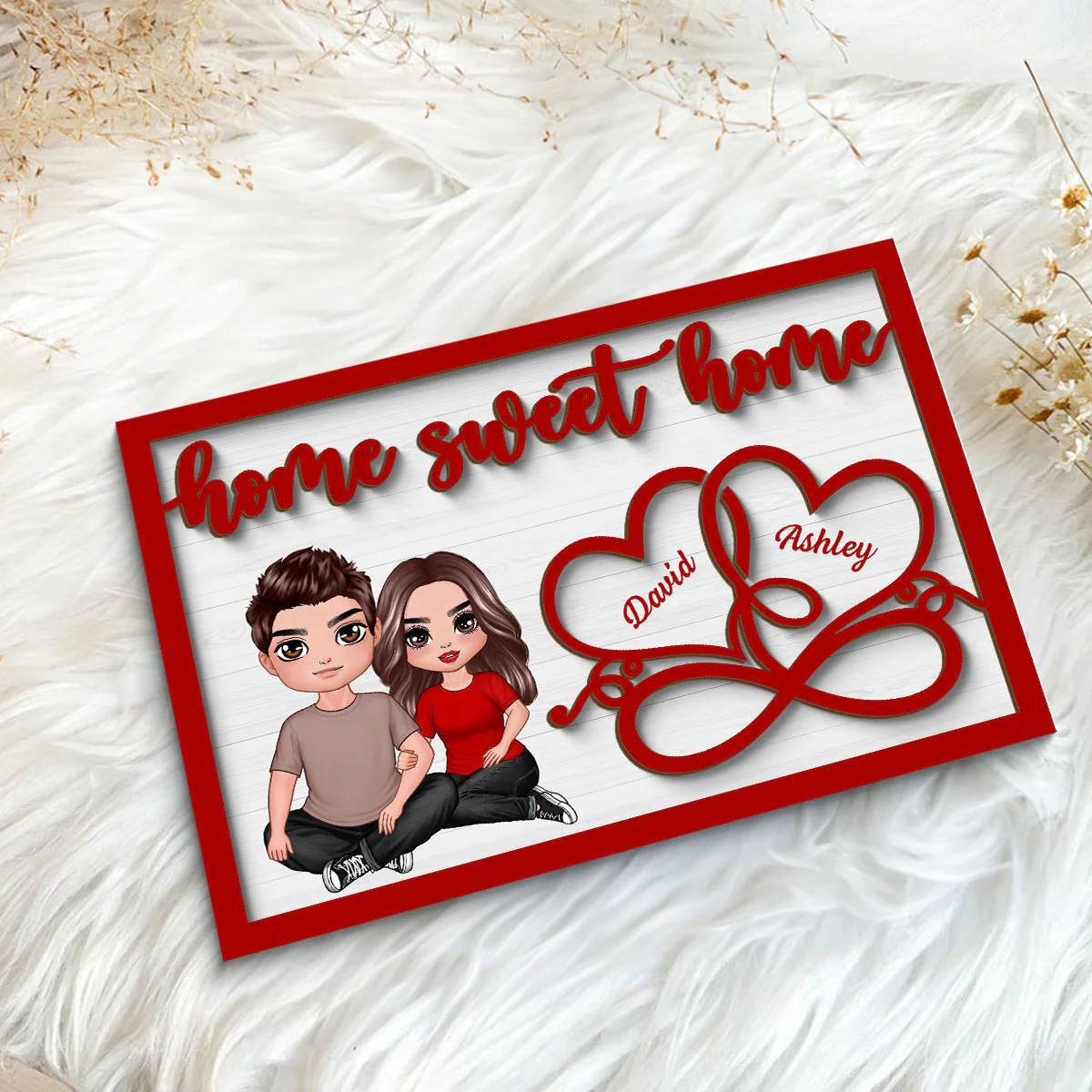 Couple Sitting Embracing Home Sweet Home Valentine‘s Day Gift For Him For Her Personalized 2-Layer Wooden Plaque - Image 5