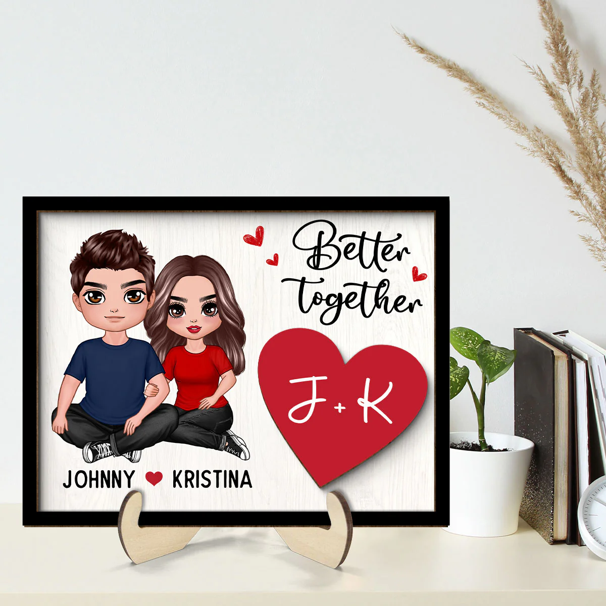 Couple Sitting Embracing Initial Names Valentine‘s Day Gift For Him For Her Personalized 2-Layer Wooden Plaque - Image 2