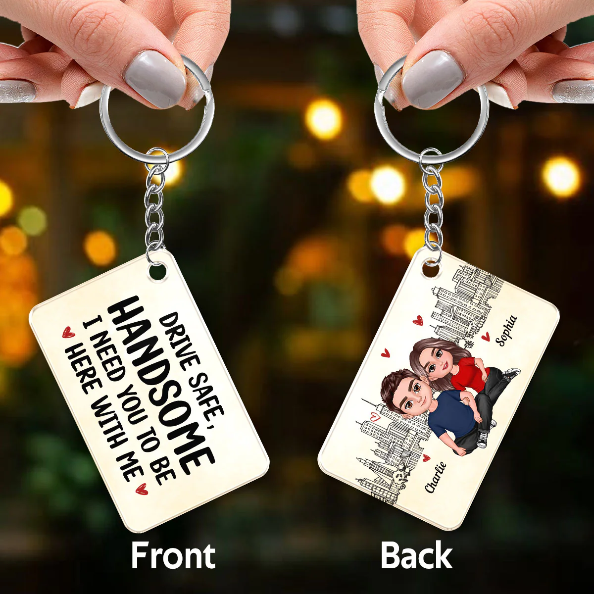 Couple Sitting Embracing Outline Background Personalized Acrylic Keychain - Image 3