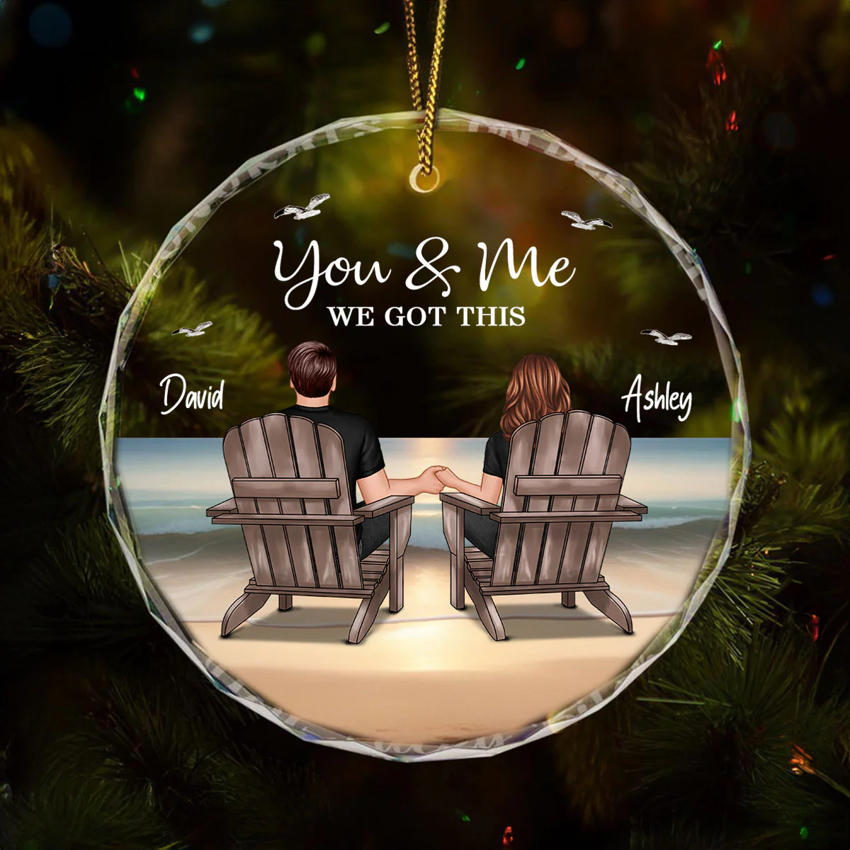 Couple Sitting Eternal Sunset Beach Personalized Circle Glass Ornament, Heartfelt Christmas Gift For Girlfriend, For Wife