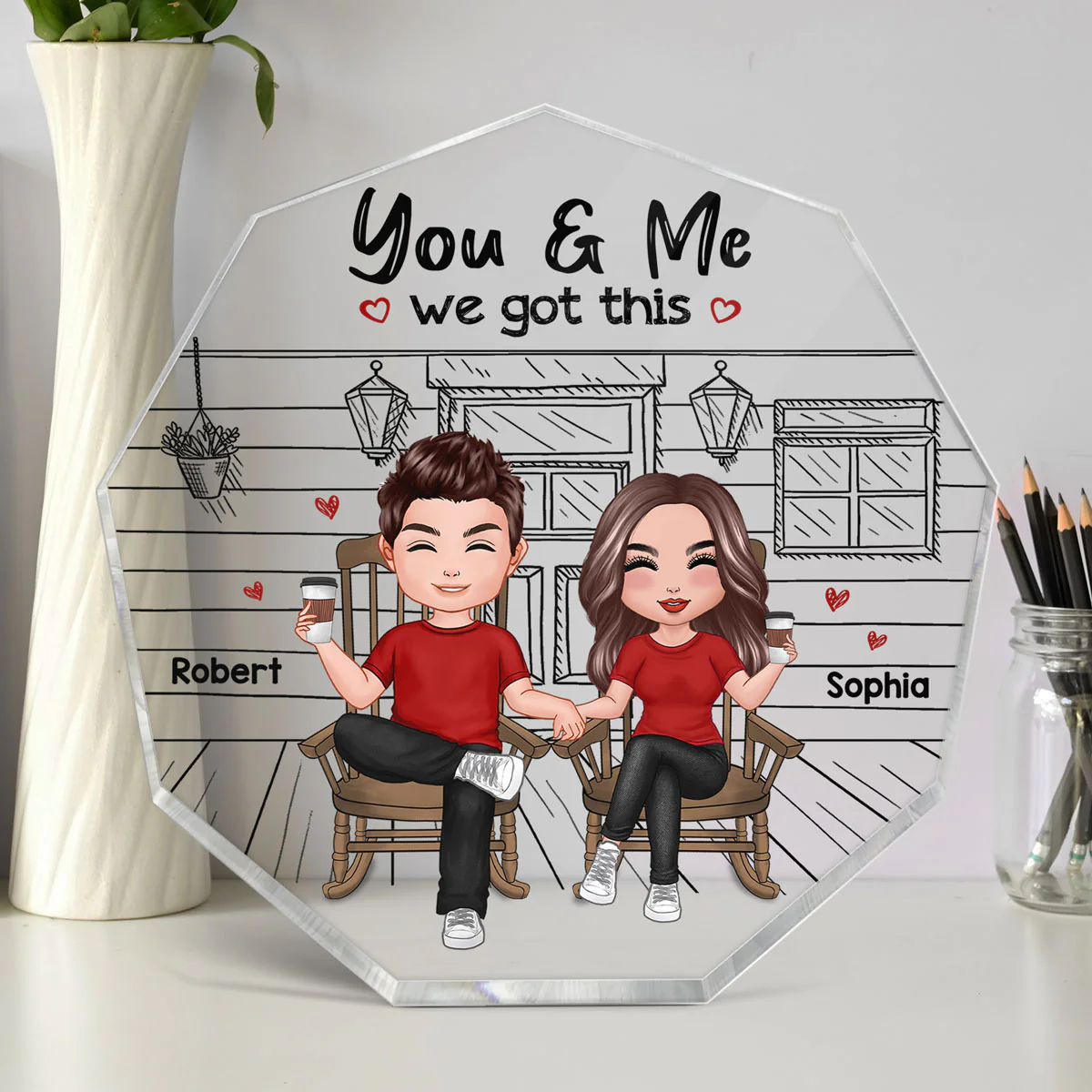 Couple Sitting Front Porch Sketch Personalized Nonagon Acrylic Plaque