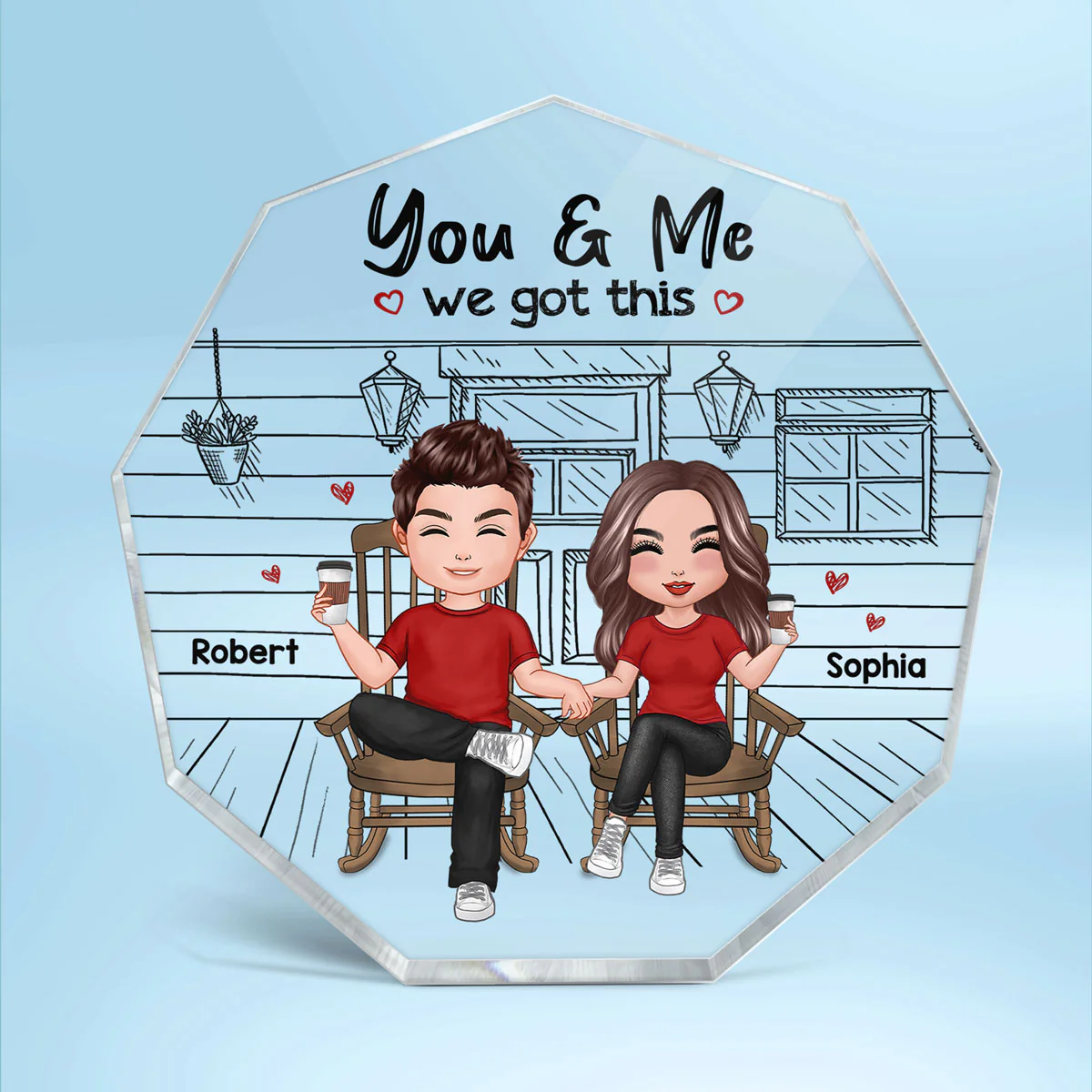 Couple Sitting Front Porch Sketch Personalized Nonagon Acrylic Plaque - Image 2