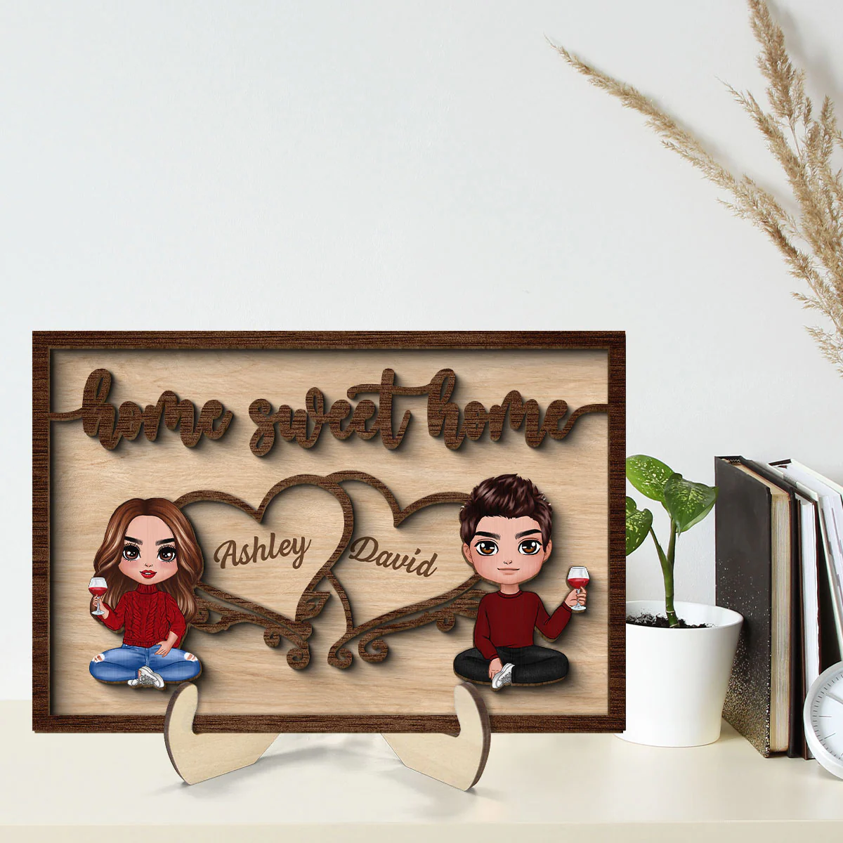 Couple Sitting Home Sweet Home Valentine‘s Day Gift For Him For Her Personalized 2-Layer Wooden Plaque - Image 2