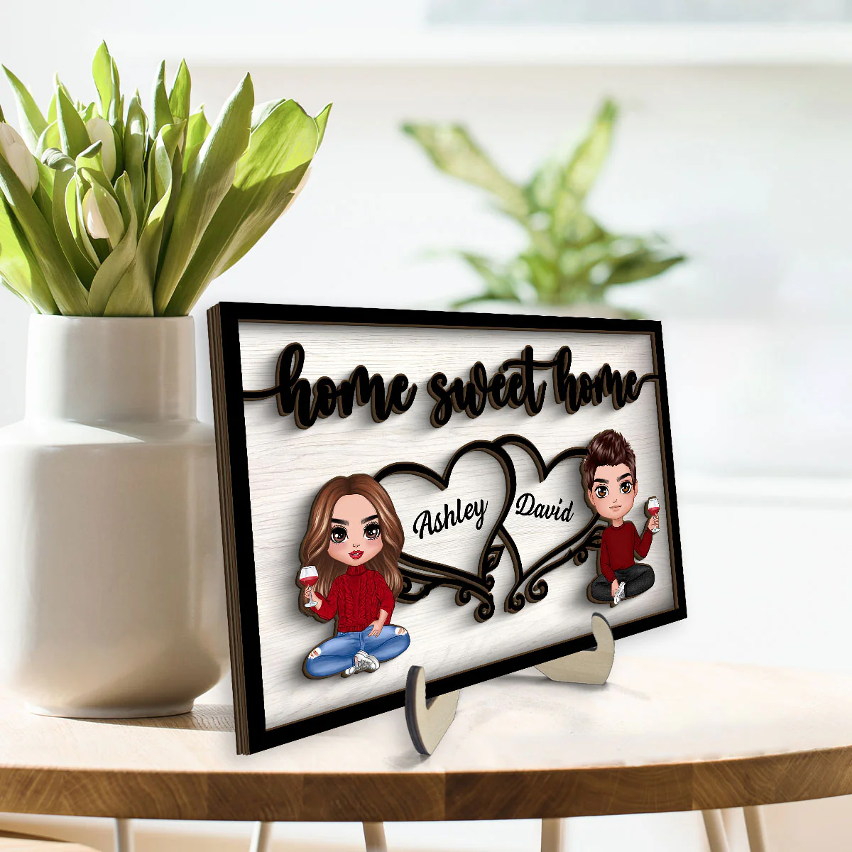 Couple Sitting Home Sweet Home Valentine‘s Day Gift For Him For Her Personalized 2-Layer Wooden Plaque - Image 3