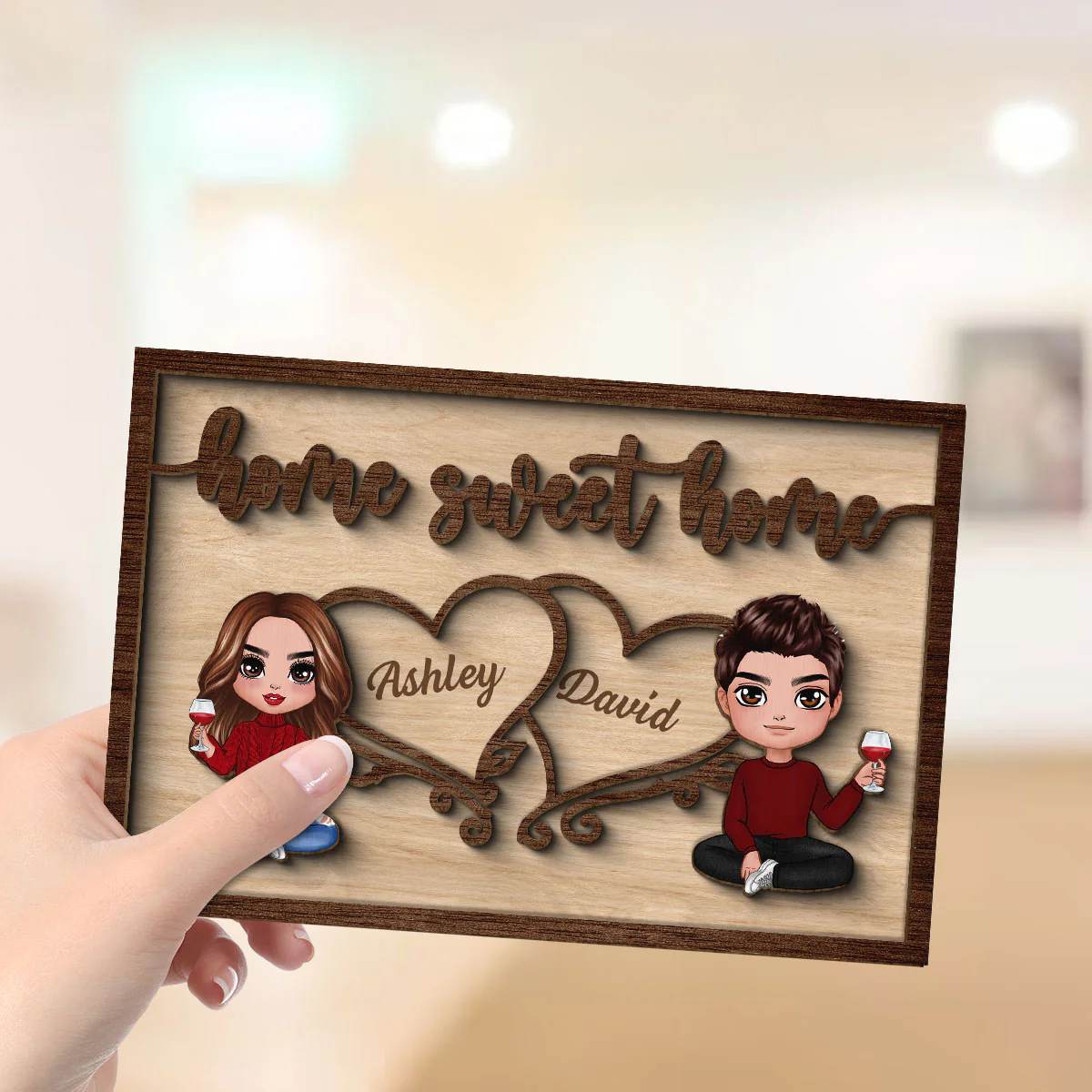 Couple Sitting Home Sweet Home Valentine‘s Day Gift For Him For Her Personalized 2-Layer Wooden Plaque - Image 4