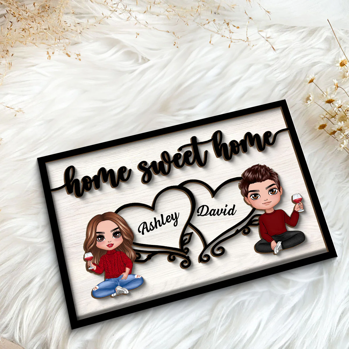 Couple Sitting Home Sweet Home Valentine‘s Day Gift For Him For Her Personalized 2-Layer Wooden Plaque - Image 5