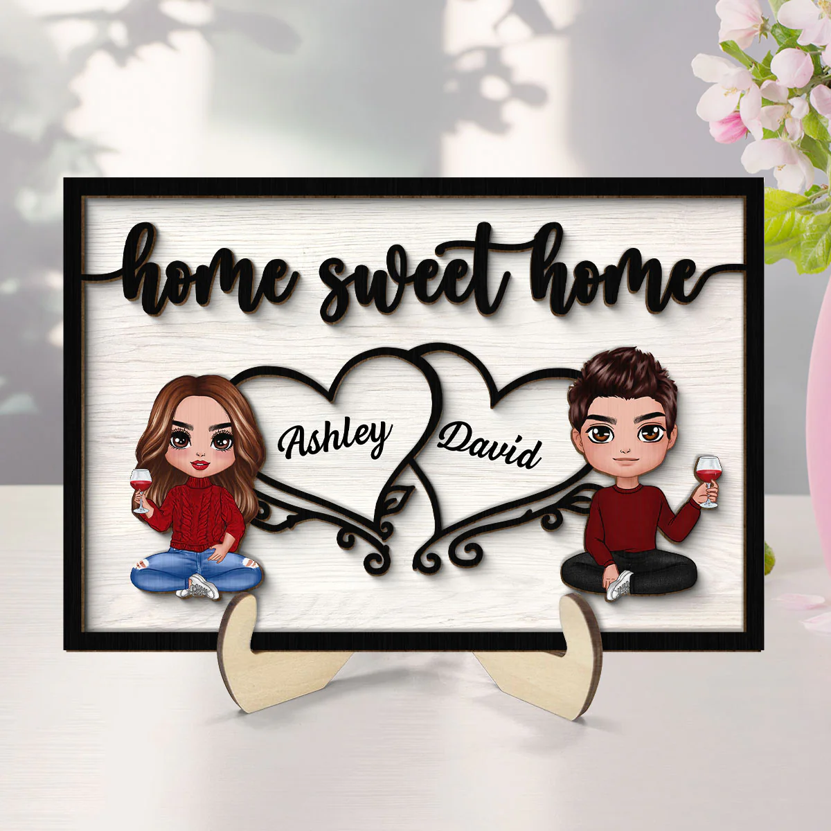 Couple Sitting Home Sweet Home Valentine‘s Day Gift For Him For Her Personalized 2-Layer Wooden Plaque - Image 7