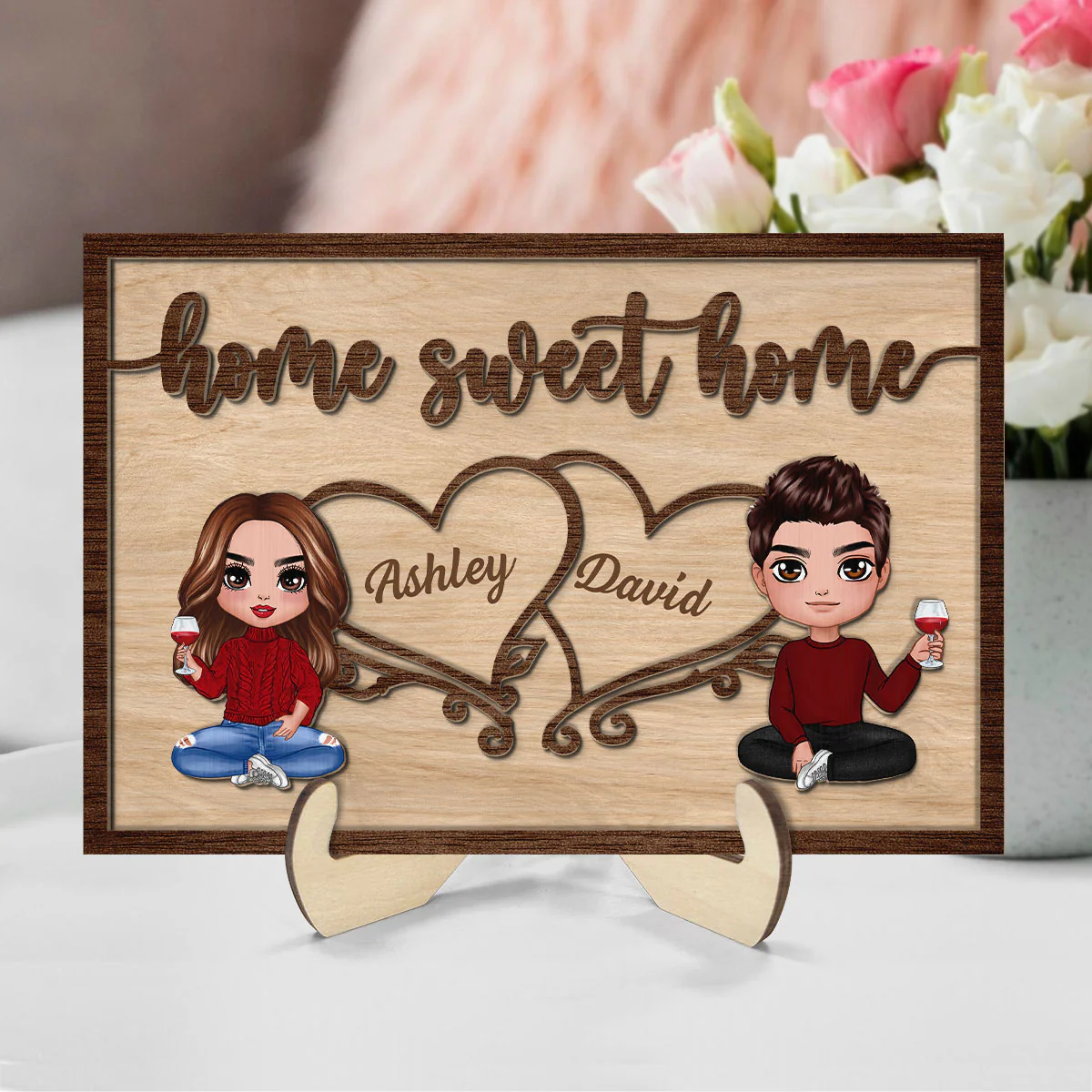 Couple Sitting Home Sweet Home Valentine‘s Day Gift For Him For Her Personalized 2-Layer Wooden Plaque - Image 8