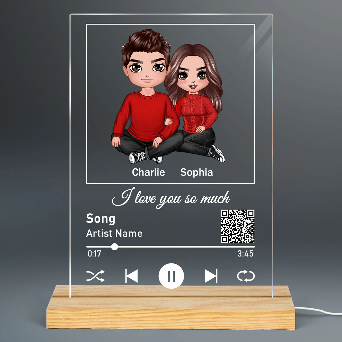 Couple Sitting Hugging Favorite Song Scannable QR Code Personalized Rectangle Acrylic Plaque LED Night Light - Image 2