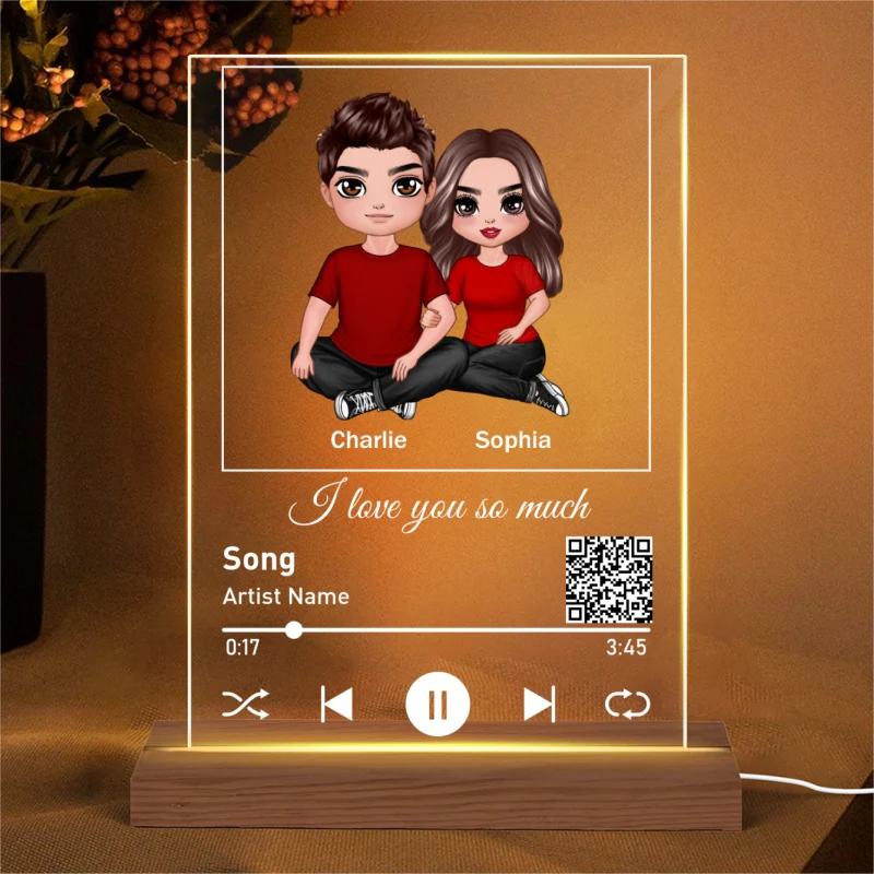 Couple Sitting Hugging Favorite Song Scannable QR Code Personalized Rectangle Acrylic Plaque LED Night Light - Image 4