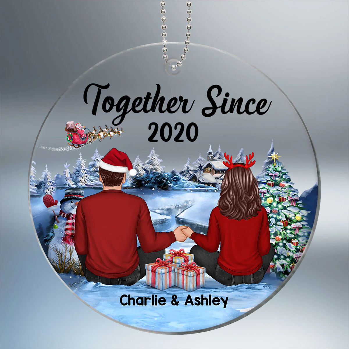 Couple Sitting In Christmas Night Personalized Acrylic Ornament - Image 2