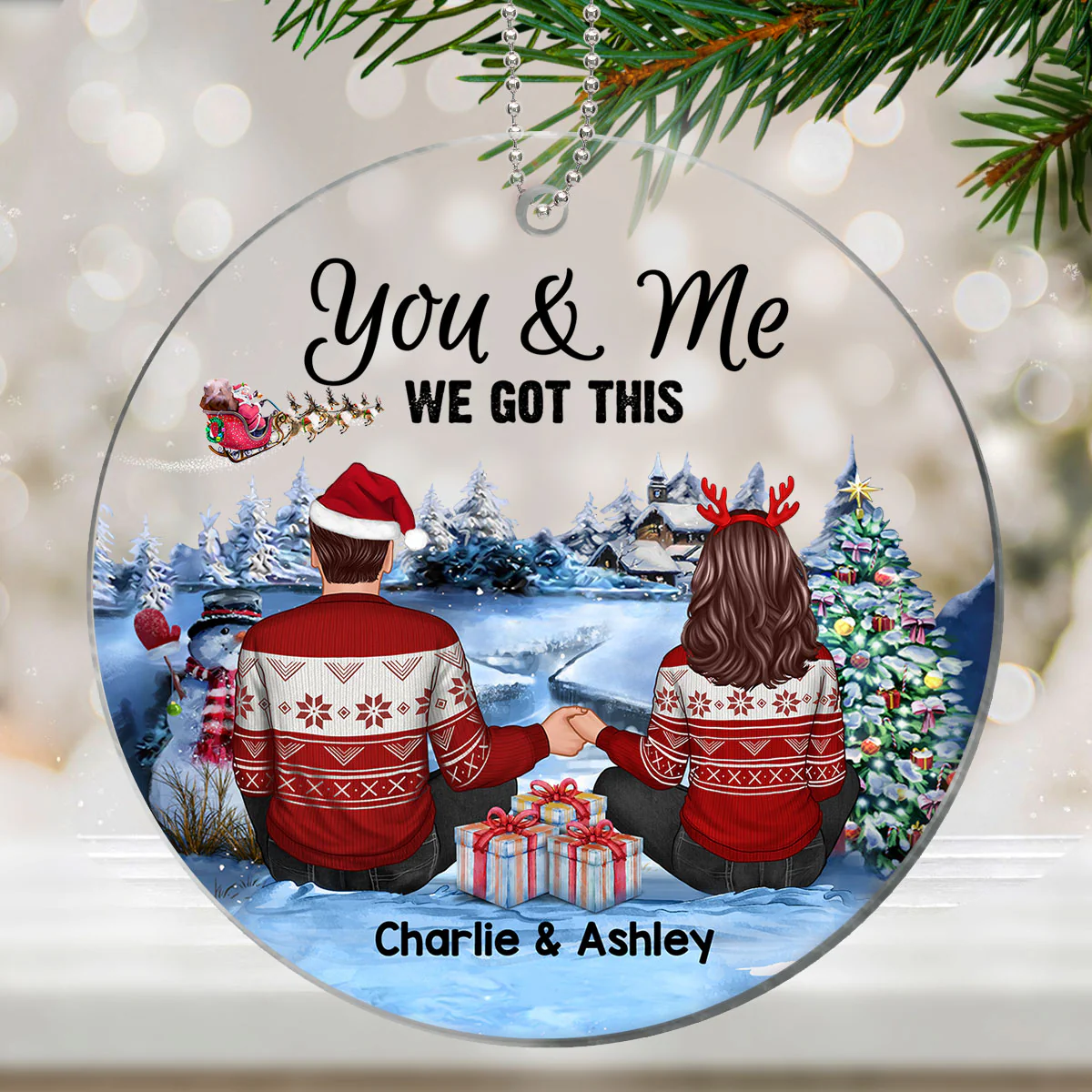 Couple Sitting In Christmas Night Personalized Acrylic Ornament - Image 3
