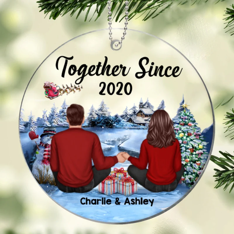 Couple Sitting In Christmas Night Personalized Acrylic Ornament - Image 4