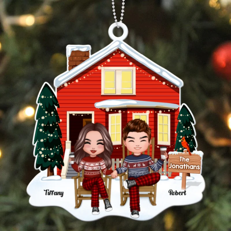 Couple Sitting In Front House Personalized Wooden Ornament