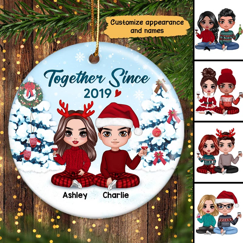 Couple Sitting In Snow Personalized Circle Ornament - Image 2