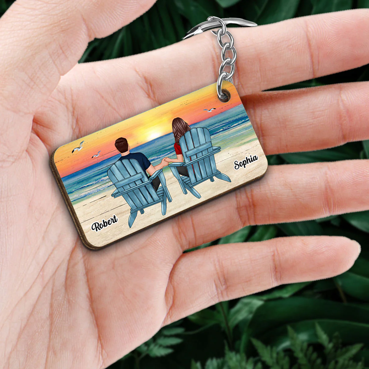 Couple Sitting Landscape Background Personalized Wooden Keychain - Image 2