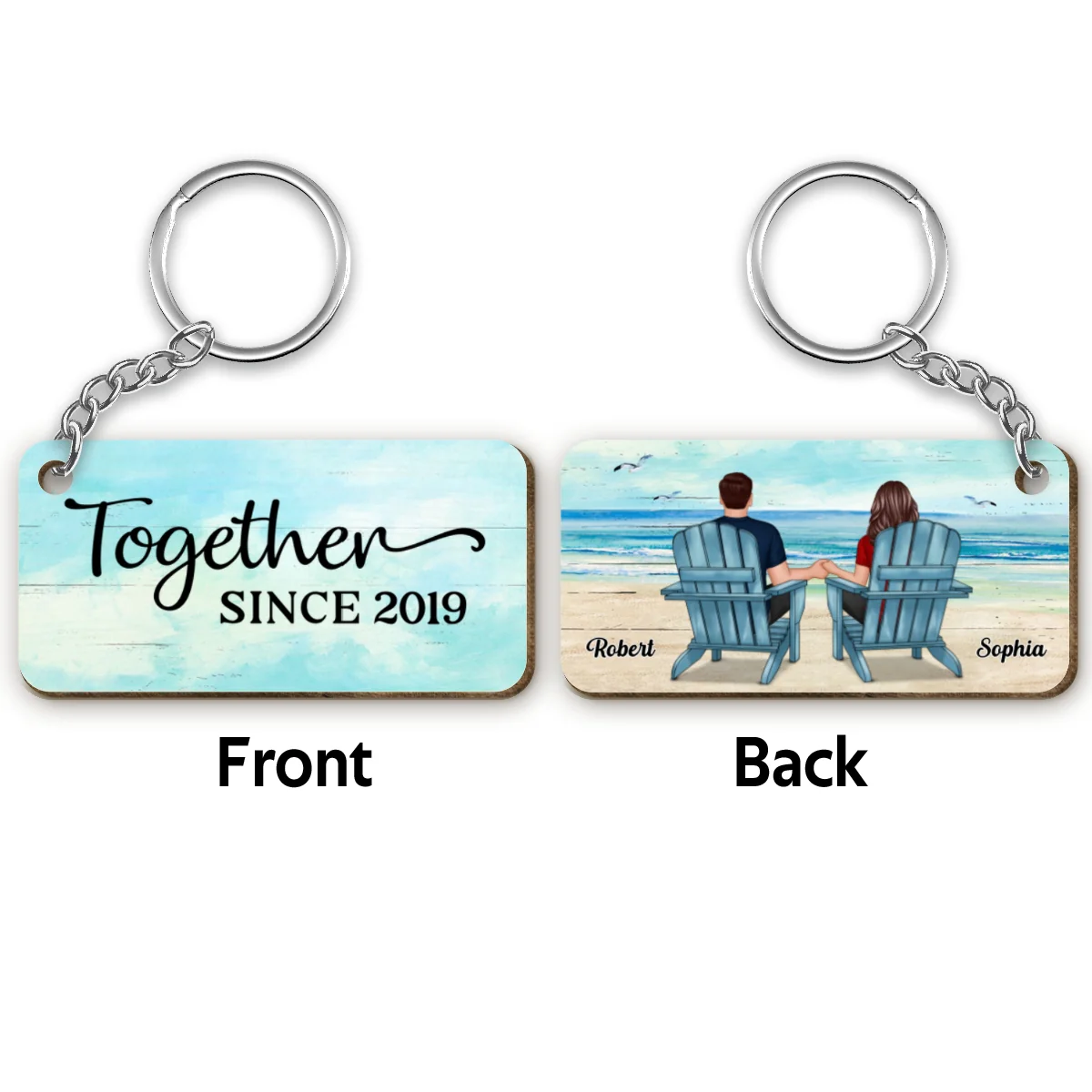 Couple Sitting Landscape Background Personalized Wooden Keychain - Image 4