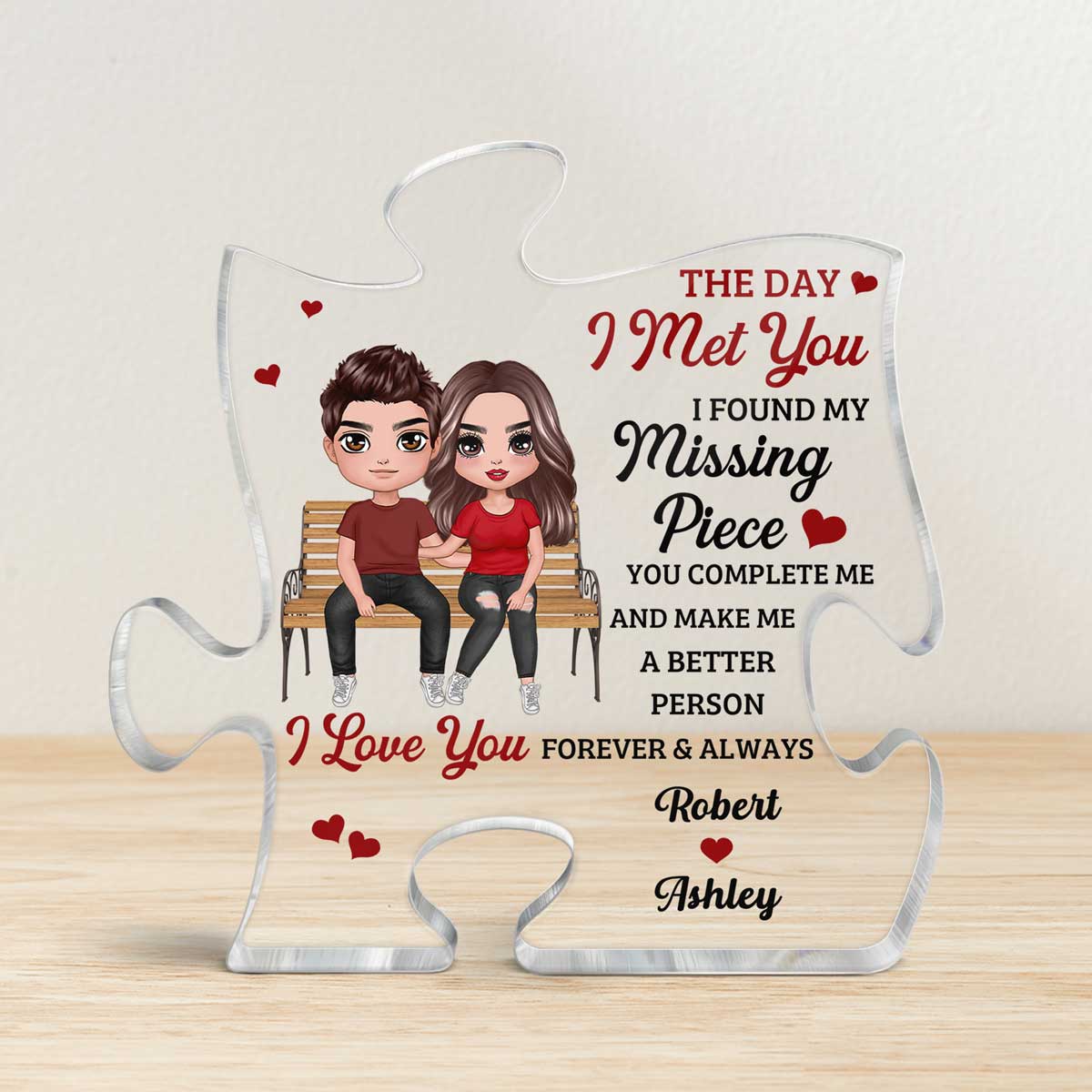 Couple Sitting On Bench Found My Missing Piece Personalized Puzzle Acrylic Plaque - Gift For Him Gift For Her