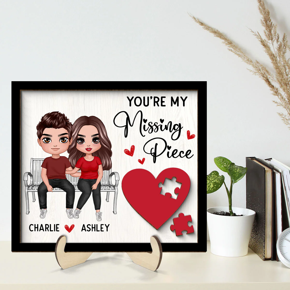 Couple Sitting On Bench Red Heart Valentine‘s Day Gift For Her Gift For Him Personalized 2-Layer Wooden Plaque - Image 2