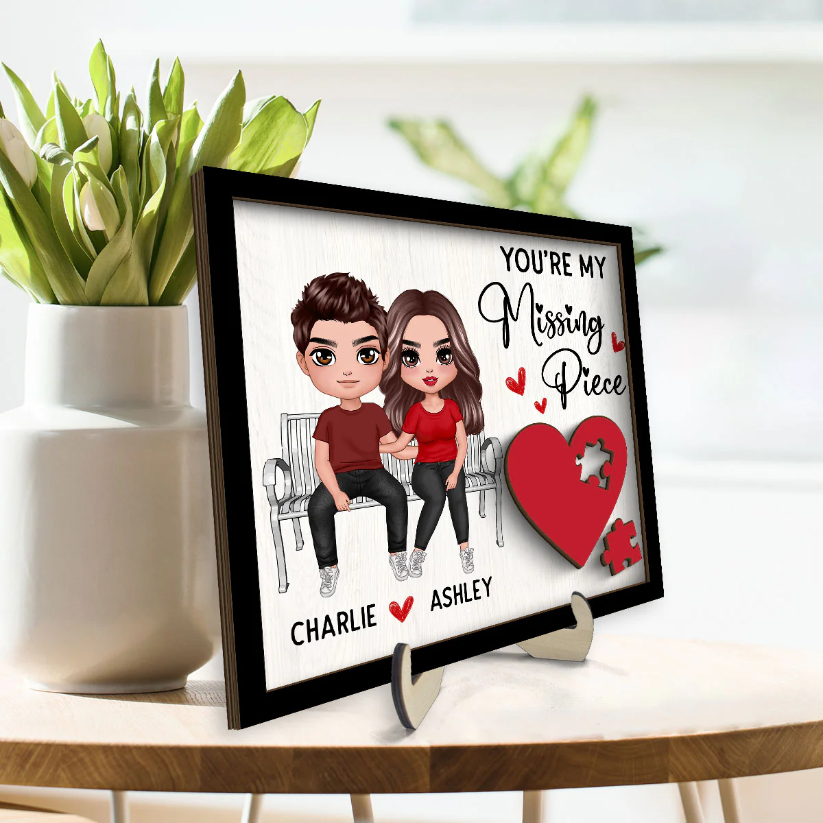 Couple Sitting On Bench Red Heart Valentine‘s Day Gift For Her Gift For Him Personalized 2-Layer Wooden Plaque - Image 3