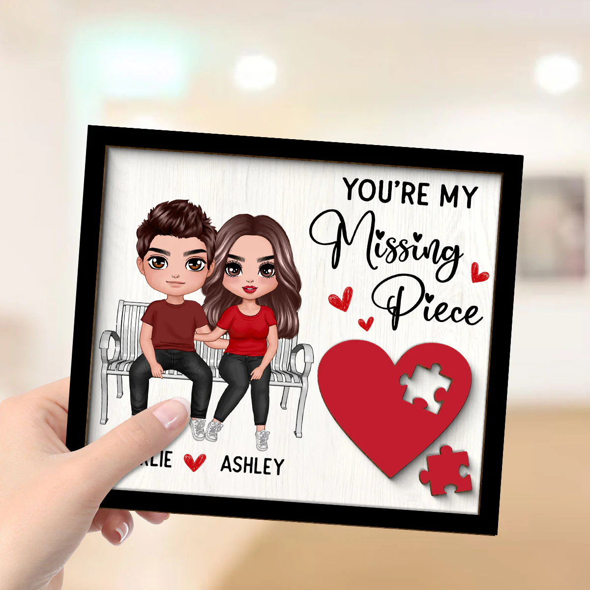 Couple Sitting On Bench Red Heart Valentine‘s Day Gift For Her Gift For Him Personalized 2-Layer Wooden Plaque - Image 4