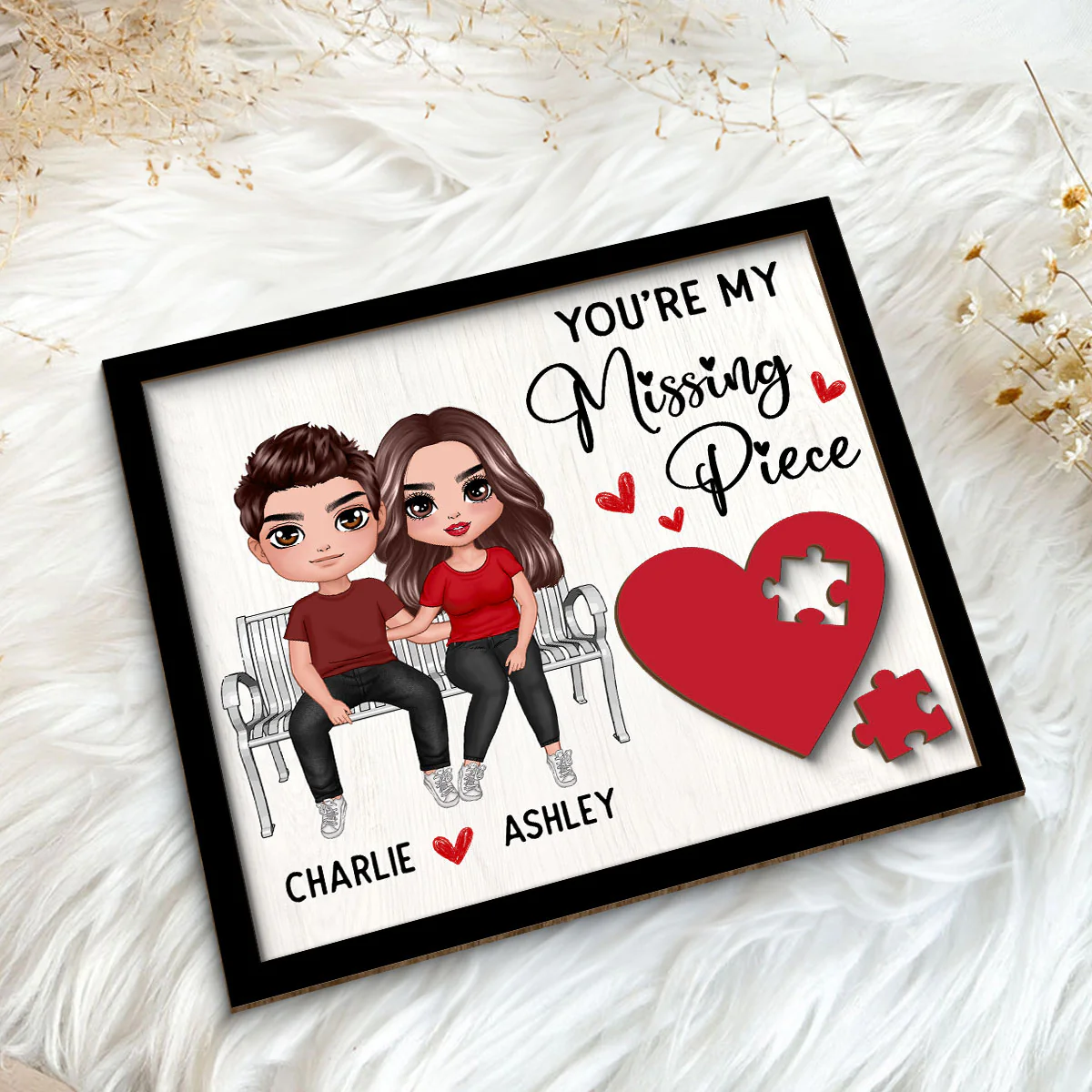 Couple Sitting On Bench Red Heart Valentine‘s Day Gift For Her Gift For Him Personalized 2-Layer Wooden Plaque - Image 5