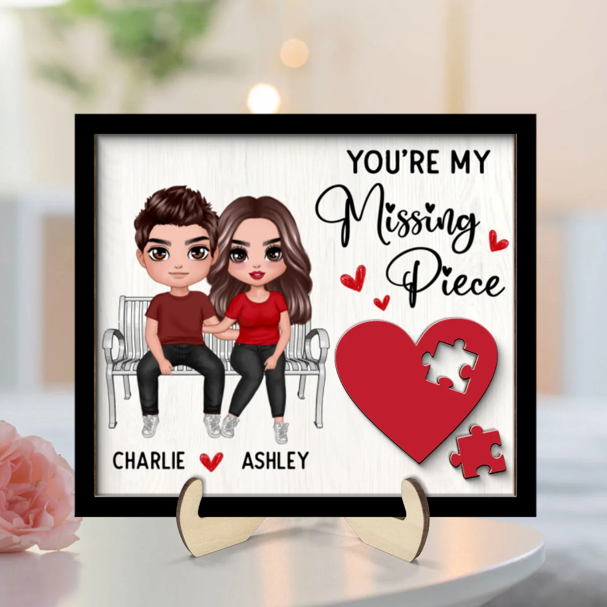 Couple Sitting On Bench Red Heart Valentine‘s Day Gift For Her Gift For Him Personalized 2-Layer Wooden Plaque - Image 8
