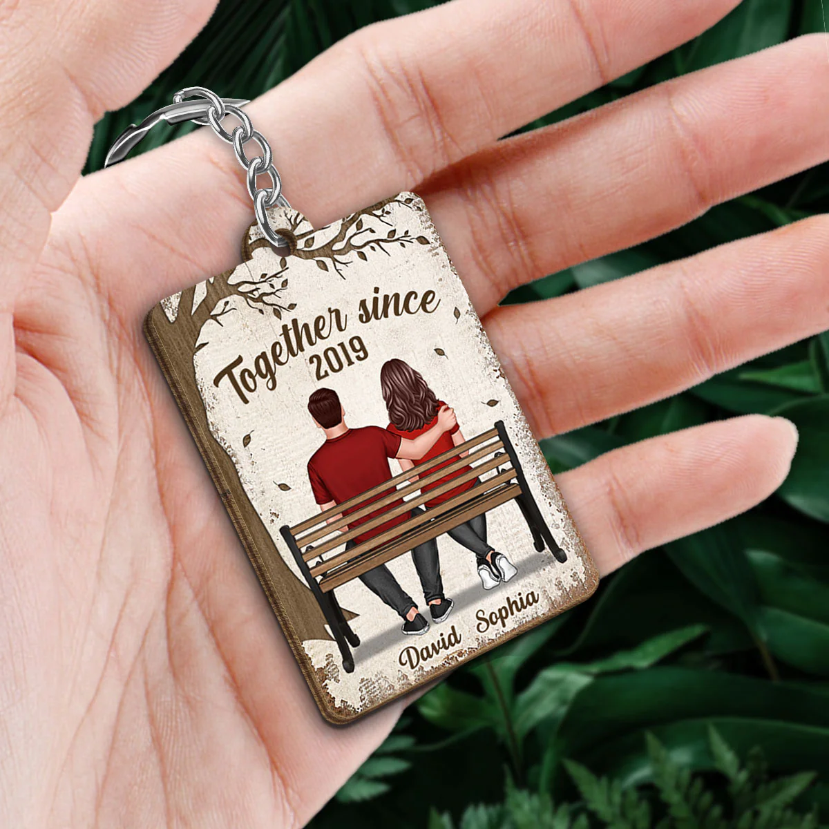 Couple Sitting On Bench Under Tree Favorite Song QR Code Personalized Wooden Keychain - Image 2