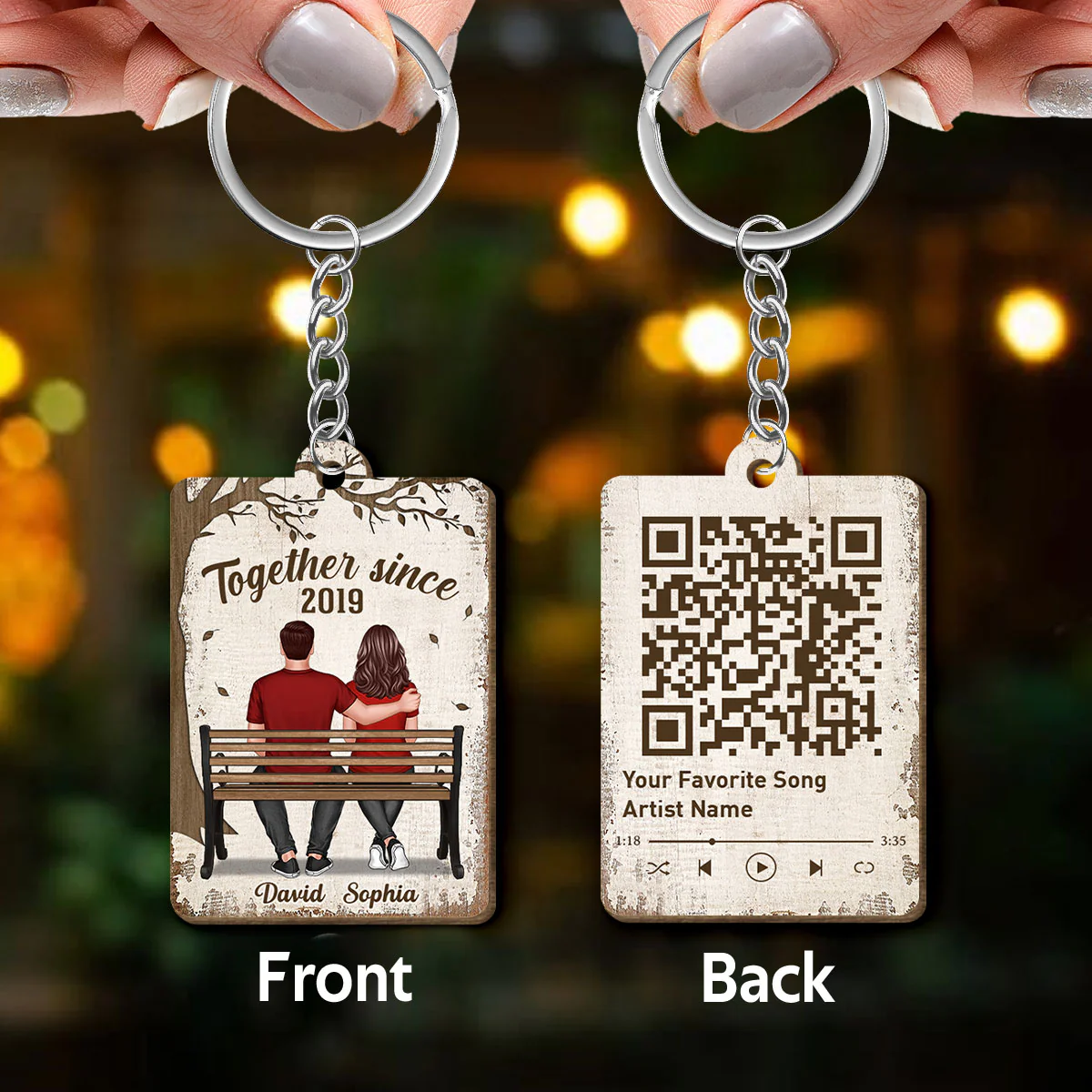 Couple Sitting On Bench Under Tree Favorite Song QR Code Personalized Wooden Keychain - Image 3