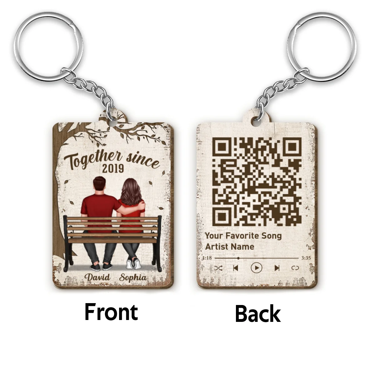 Couple Sitting On Bench Under Tree Favorite Song QR Code Personalized Wooden Keychain - Image 4