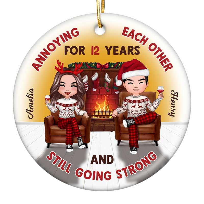 Couple Sitting On Chair Cozy Fireplace Personalized Circle Ornament