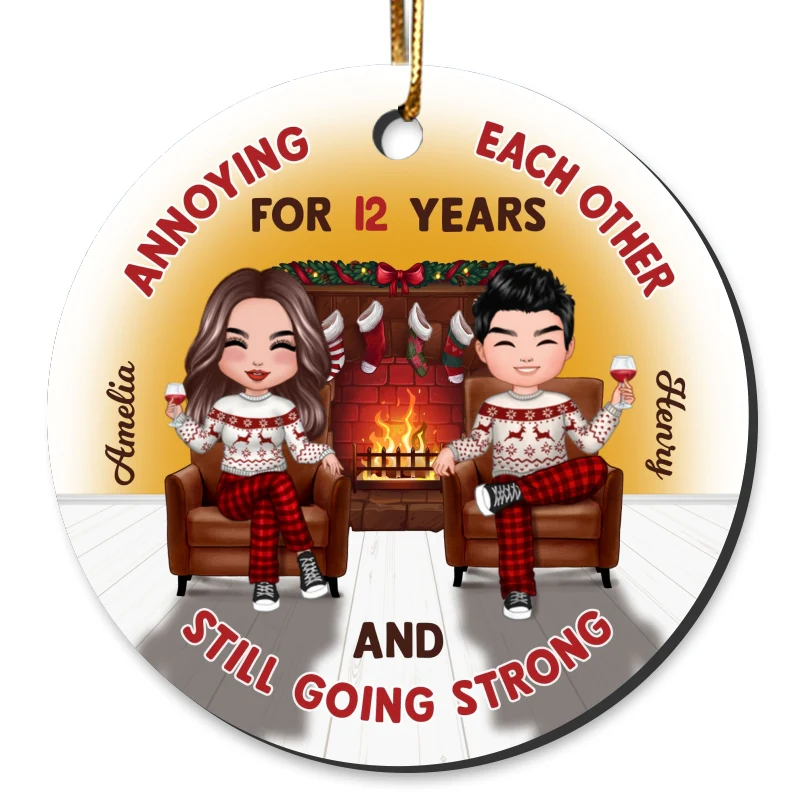 Couple Sitting On Chair Cozy Fireplace Personalized Circle Ornament - Image 4