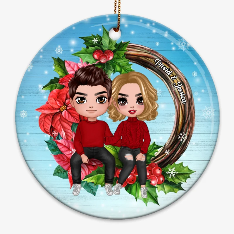 Couple Sitting On Christmas Wreath Personalized Circle Ornament - Image 3